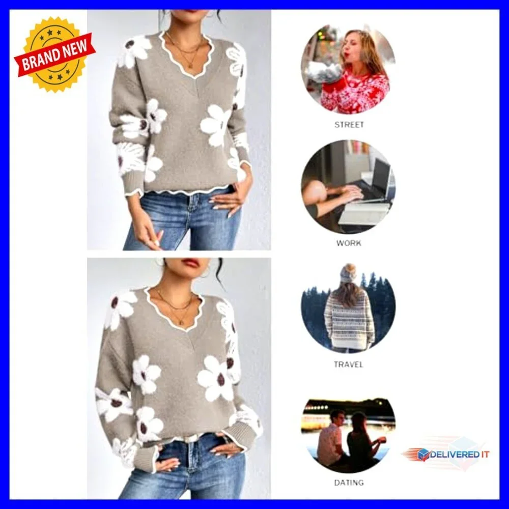 Oversized V-Neck Chunky Knit Pullover Sweater Fuzzy Long Sleeve Top - Picture 5 of 7